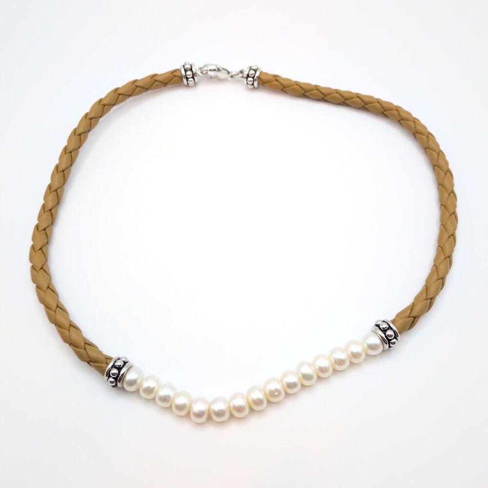 Honora Sterling Silver 925 Freshwater Pearl Braided Tan Leather Necklace 17.5in